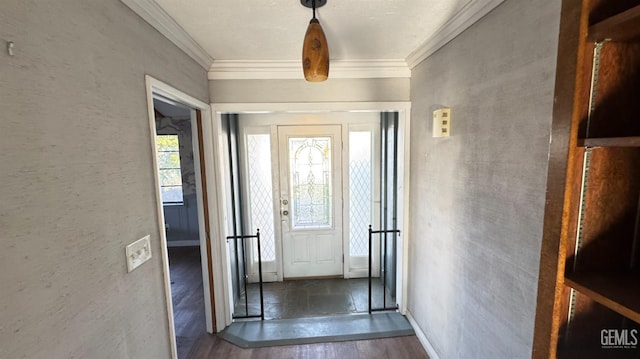 entryway with dark hardwood / wood-style flooring and ornamental molding