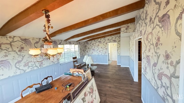 interior space featuring dark wood-type flooring and lofted ceiling with beams