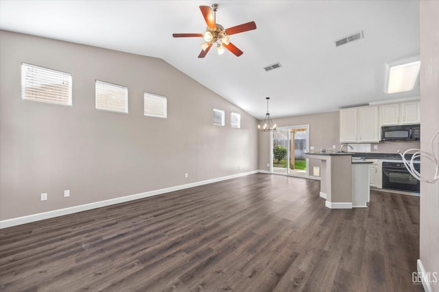 kitchen featuring pendant lighting, black appliances, ceiling fan with notable chandelier, dark hardwood / wood-style floors, and white cabinetry