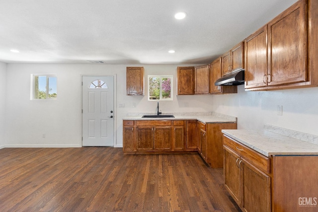 438 Cedar Ave, Earlimart, CA 93219 - kitchen with a sink, under cabinet range hood, brown cabinetry, dark wood-style flooring, and recessed lighting