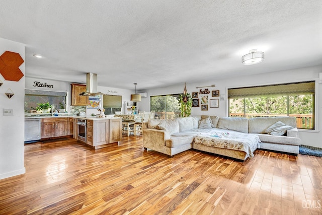 living room with plenty of natural light, light hardwood / wood-style floors, and a textured ceiling