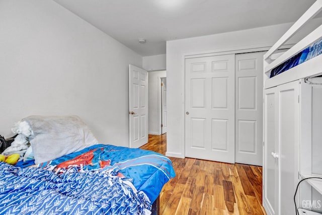 bedroom featuring wood-type flooring and a closet