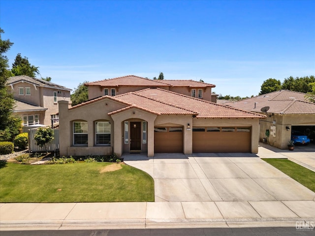 9221 Via Lugano, Bakersfield, CA 93312 - mediterranean / spanish house with a garage, stucco siding, concrete driveway, a front lawn, and a tile roof