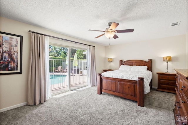 601 Vista Verde Way, Bakersfield, CA 93309 - bedroom with access to outside, carpet, a textured ceiling, and ceiling fan