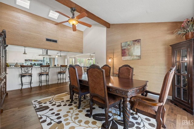 601 Vista Verde Way, Bakersfield, CA 93309 - dining room with a ceiling fan, beamed ceiling, wood finished floors, and high vaulted ceiling