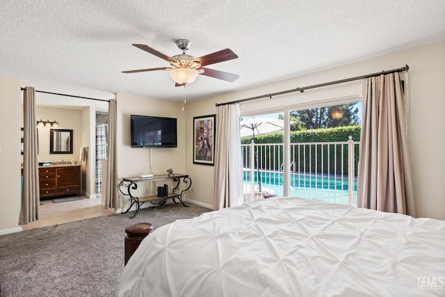 601 Vista Verde Way, Bakersfield, CA 93309 - bedroom with access to outside, carpet flooring, a textured ceiling, connected bathroom, and ceiling fan