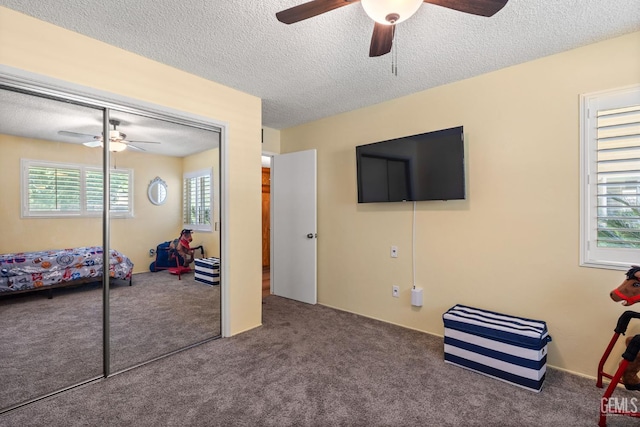 601 Vista Verde Way, Bakersfield, CA 93309 - carpeted bedroom featuring multiple windows, a closet, a textured ceiling, and a ceiling fan