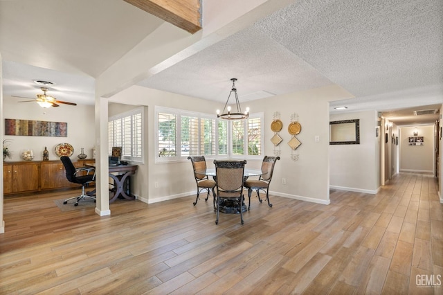 601 Vista Verde Way, Bakersfield, CA 93309 - dining space featuring an office area, light wood finished floors, a chandelier, a textured ceiling, and ceiling fan