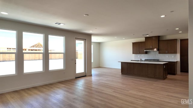 16903 Mairs Dr, Bakersfield, CA 93314 - kitchen featuring under cabinet range hood, open floor plan, tasteful backsplash, light wood-style flooring, and recessed lighting