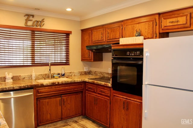 6813 Melones Ct, Bakersfield, CA 93309 - kitchen with a sink, brown cabinets, light stone countertops, under cabinet range hood, and black appliances