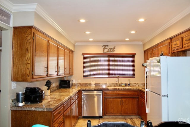 6813 Melones Ct, Bakersfield, CA 93309 - kitchen with brown cabinetry, stainless steel dishwasher, freestanding refrigerator, and a sink