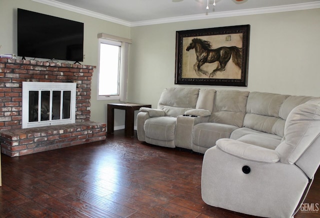6813 Melones Ct, Bakersfield, CA 93309 - living area with hardwood / wood-style flooring, a brick fireplace, and crown molding