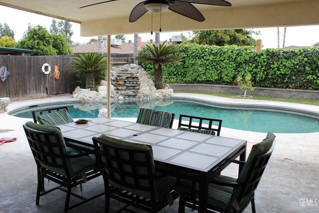 6813 Melones Ct, Bakersfield, CA 93309 - view of pool with a patio area, a ceiling fan, a fenced in pool, and a fenced backyard