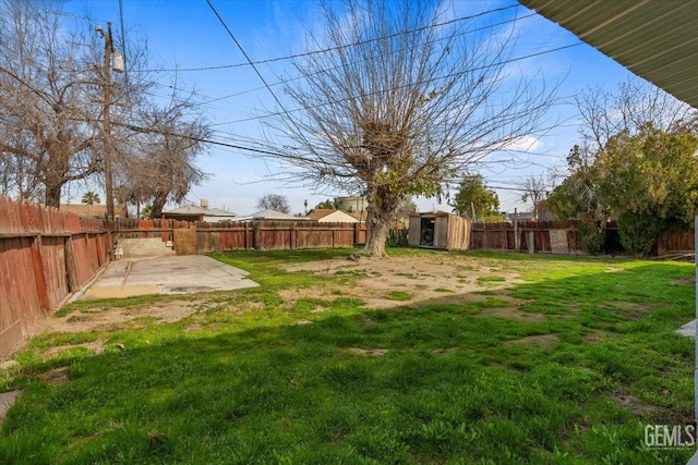 view of yard featuring a patio and a storage unit