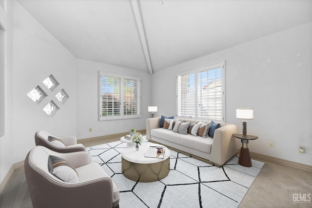 living room featuring vaulted ceiling with beams and light carpet