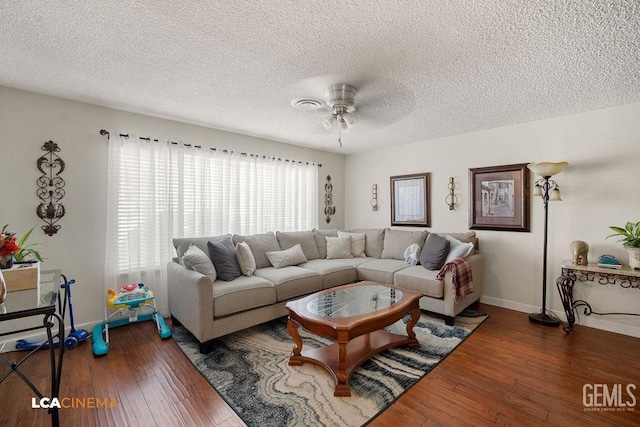 1800 Weyburn Way, Bakersfield, CA 93309 - living room with hardwood / wood-style flooring, ceiling fan, and a textured ceiling