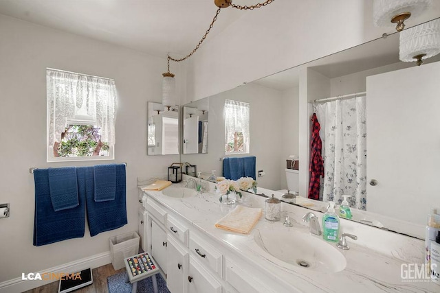 1800 Weyburn Way, Bakersfield, CA 93309 - bathroom featuring double vanity, healthy amount of natural light, wood finished floors, and a shower with shower curtain