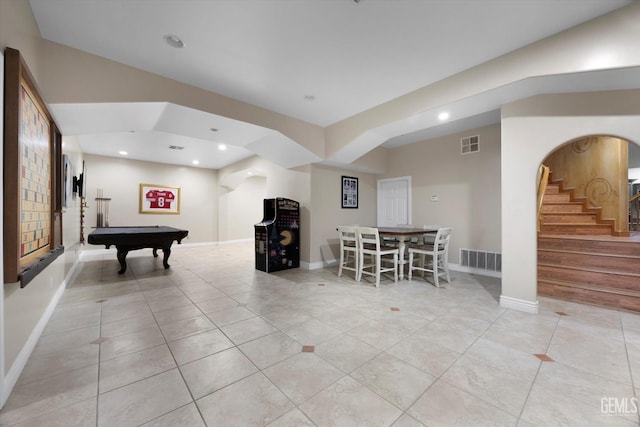 214 Driver Rd, Bakersfield, CA 93314 - recreation room featuring light tile patterned floors, pool table, arched walkways, recessed lighting, and baseboards