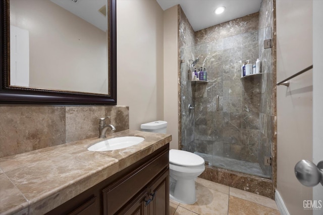 214 Driver Rd, Bakersfield, CA 93314 - full bath with vanity, toilet, a stall shower, backsplash, and recessed lighting