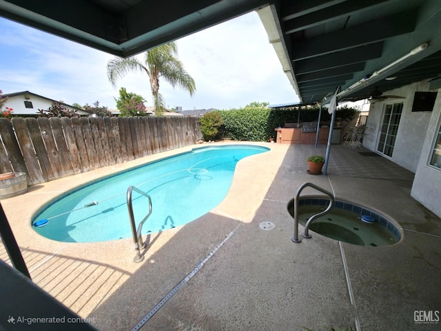 1301 5th Pl, Delano, CA 93215 - view of pool featuring a fenced backyard, a patio, an in-ground hot tub, and ceiling fan