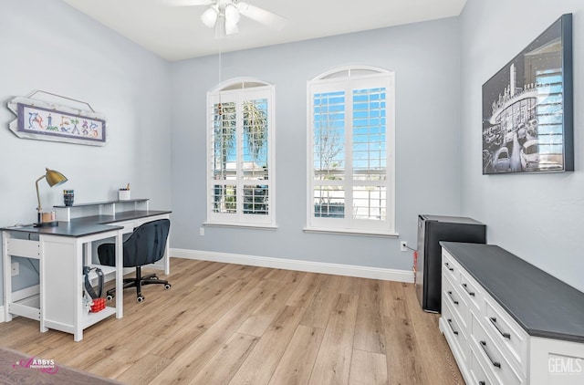 office area featuring ceiling fan and light wood-type flooring