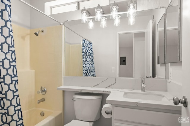 full bath featuring toilet, electric panel, vanity, and shower / tub combo with curtain