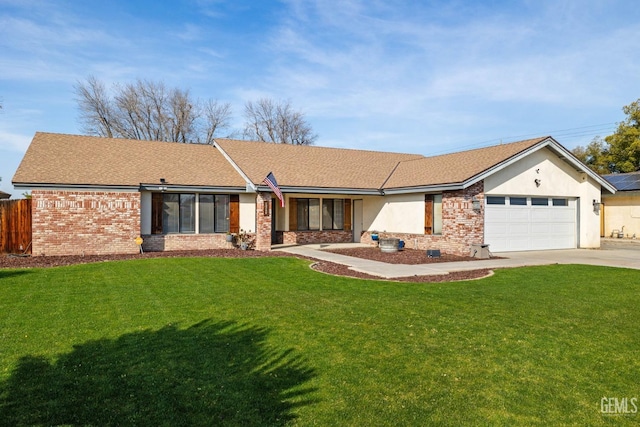 single story home with driveway, a garage, a front yard, and brick siding