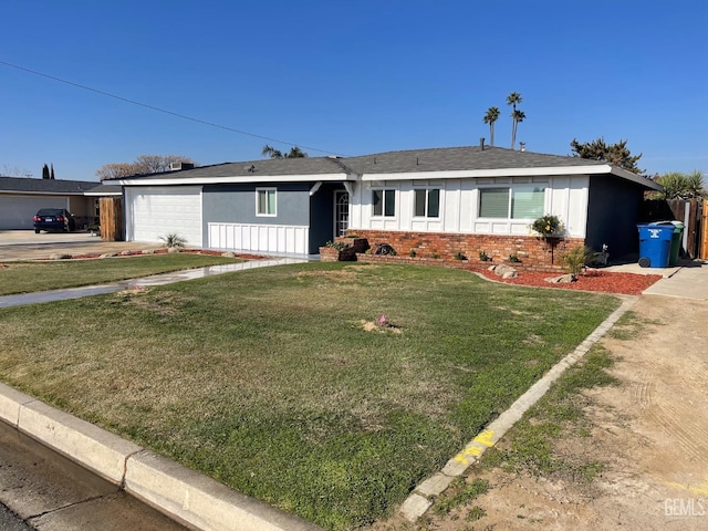 ranch-style house with a garage and a front lawn