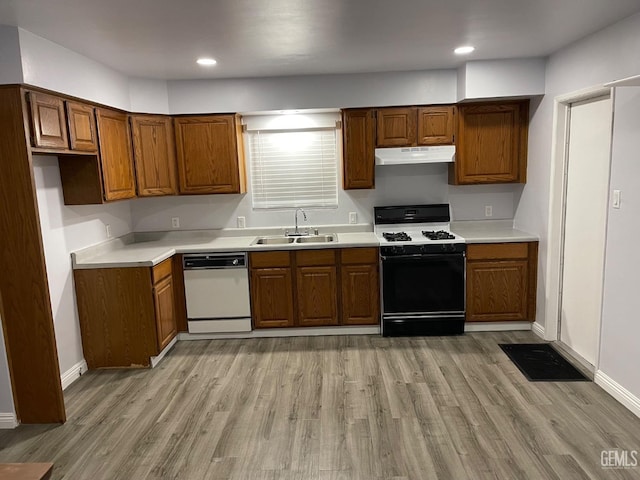 kitchen with sink, range with gas stovetop, light hardwood / wood-style floors, and dishwasher