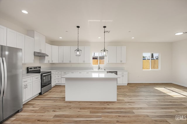 30717 Paseo De Pico, Shafter, CA 93263 - kitchen with stainless steel appliances, under cabinet range hood, light countertops, white cabinetry, and a center island