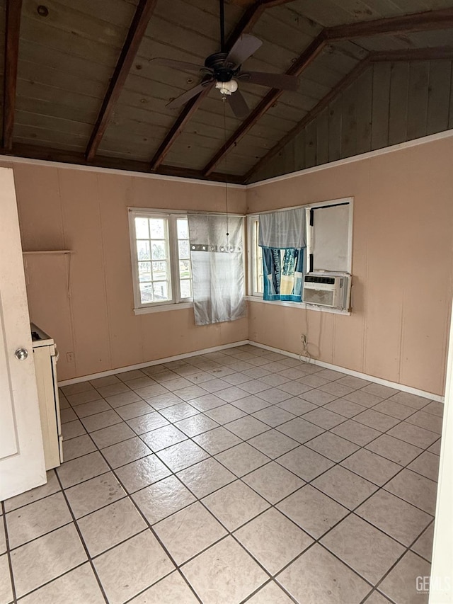 spare room featuring ceiling fan, lofted ceiling with beams, cooling unit, wood ceiling, and light tile patterned floors