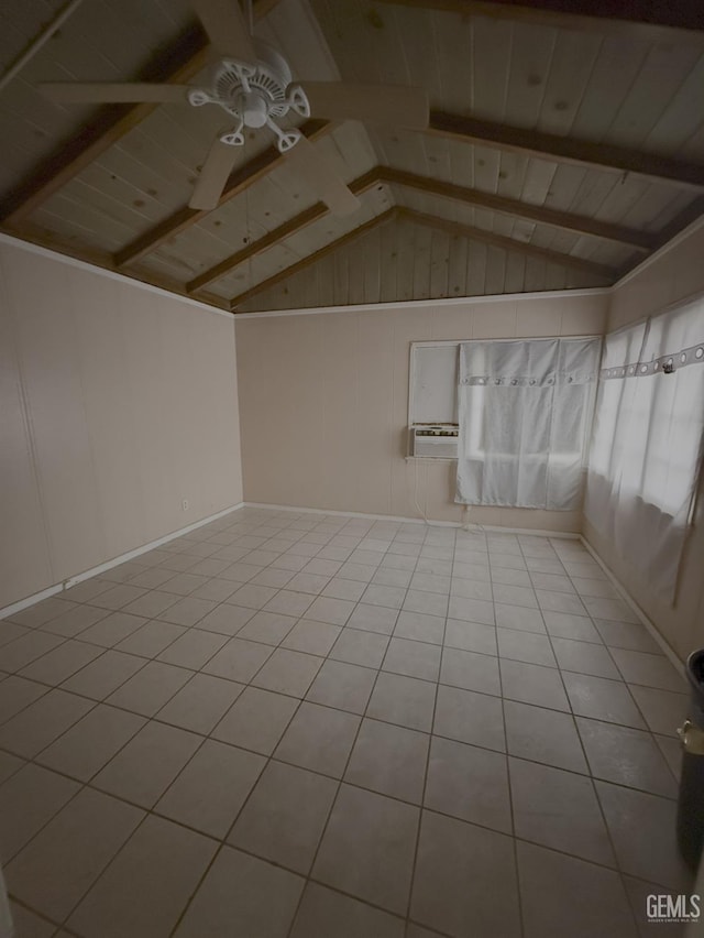 interior space with ceiling fan, light tile patterned floors, lofted ceiling with beams, and wooden ceiling