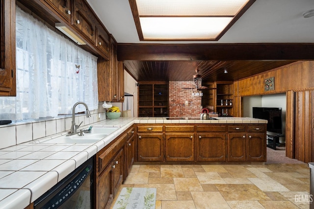 kitchen featuring tile countertops, black appliances, wooden ceiling, and sink