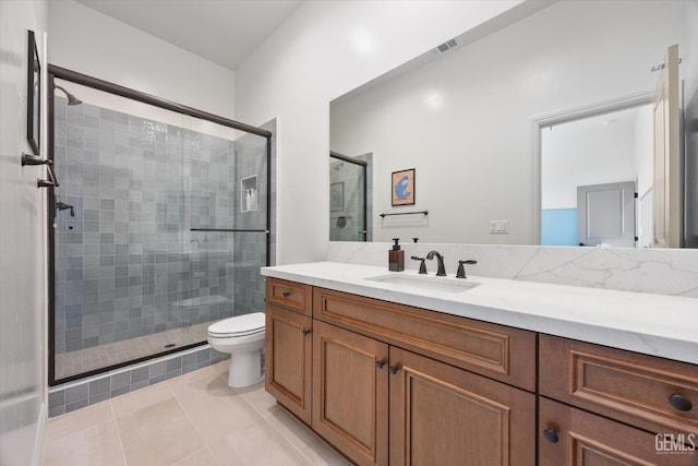 bathroom with a shower stall, tile patterned flooring, visible vents, toilet, and vanity