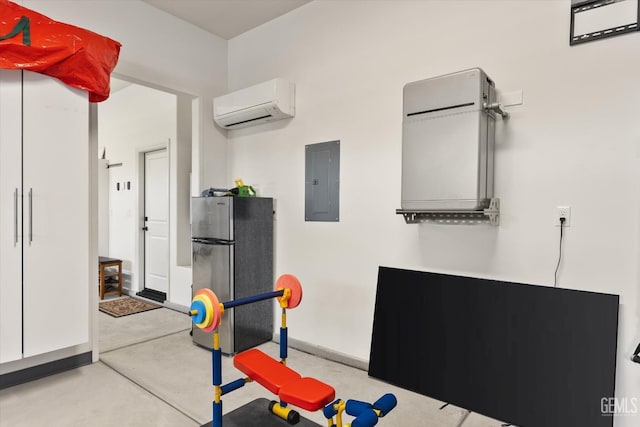 workout room featuring electric panel, baseboards, and a wall mounted AC