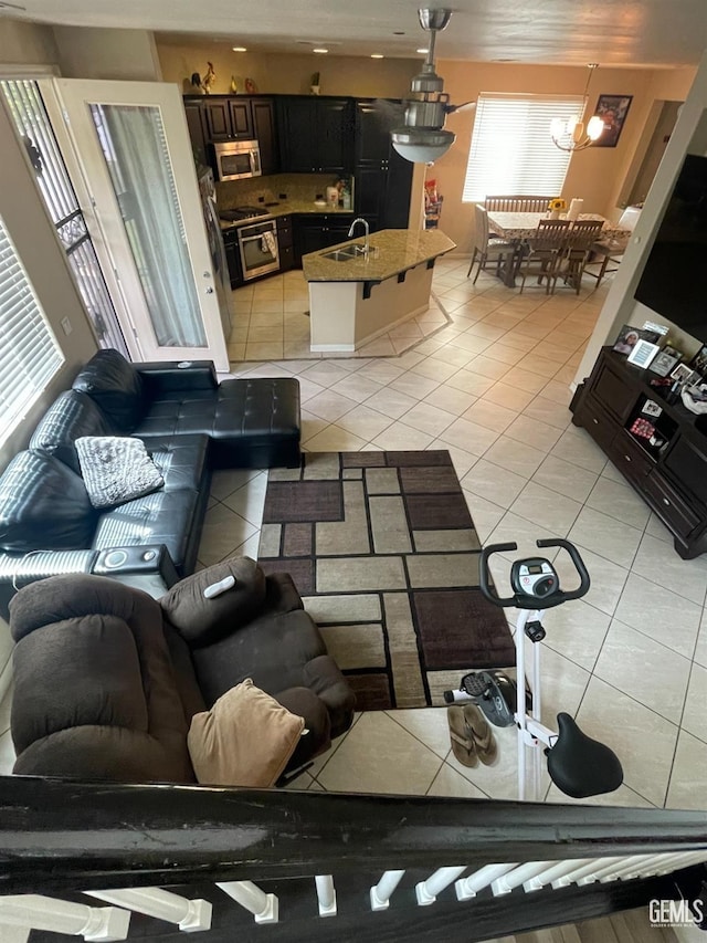 tiled living room with sink