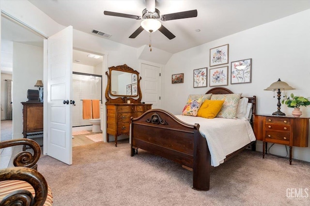 10026 Murfreesboro Dr, Bakersfield, CA 93311 - bedroom featuring light colored carpet, ceiling fan, and ensuite bathroom