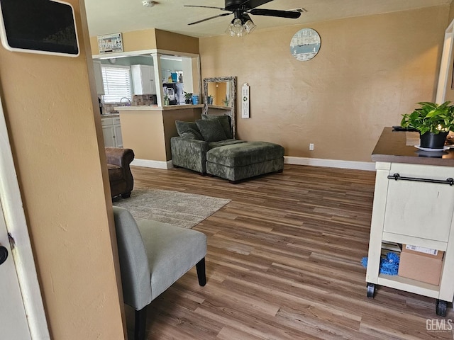 living room featuring hardwood / wood-style flooring and ceiling fan