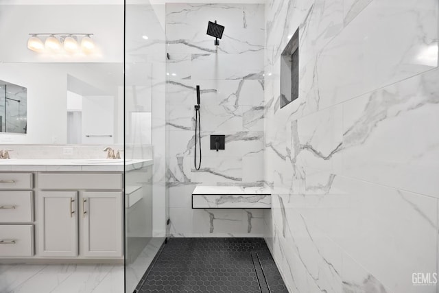 14610 Coyle Cir, Bakersfield, CA 93311 - bathroom featuring a marble finish shower and double vanity