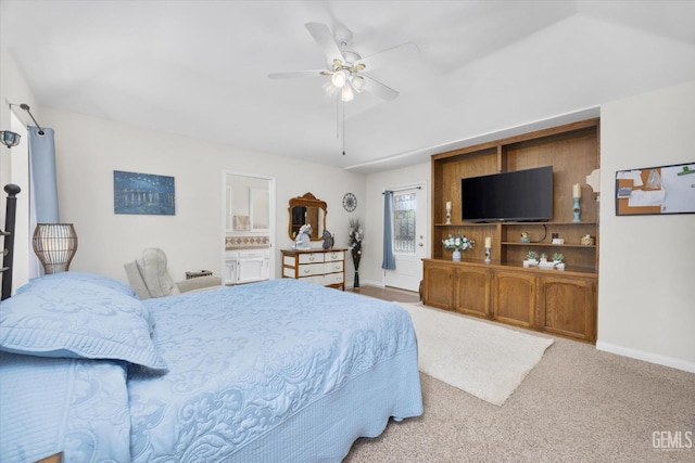 6801 Weldon Ave, Bakersfield, CA 93308 - bedroom with baseboards, carpet floors, ensuite bath, and a ceiling fan