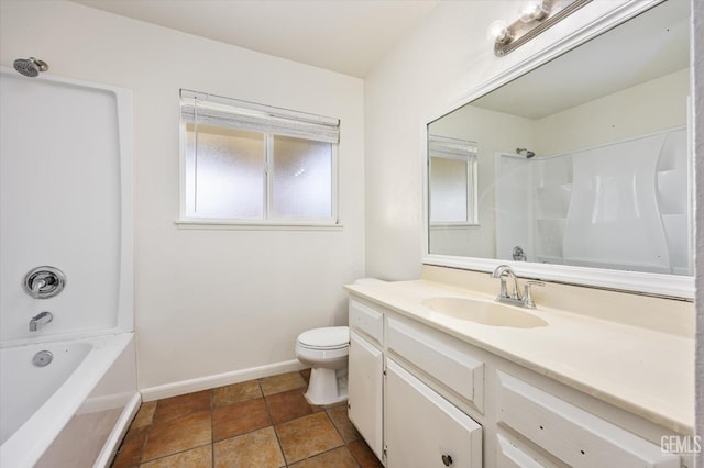 bathroom featuring baseboards, shower / bathing tub combination, vanity, and toilet