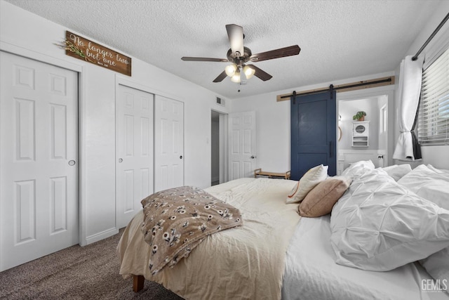 5906 Ronald Way, Bakersfield, CA 93308 - bedroom featuring a barn door, carpet flooring, a textured ceiling, two closets, and a ceiling fan