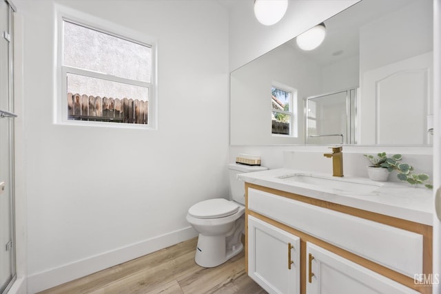 bathroom with vanity, hardwood / wood-style flooring, a shower with shower door, and toilet