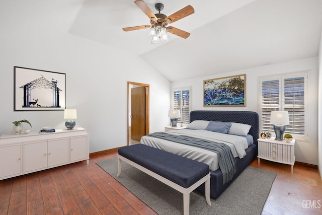 631 Faversham Way, Bakersfield, CA 93311 - bedroom with vaulted ceiling, dark wood-style floors, ceiling fan, and baseboards