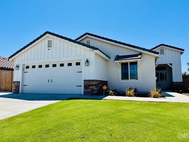 7303 Wild Mustang Dr, Bakersfield, CA 93311 - view of front facade with board and batten siding, an attached garage, stone siding, and driveway