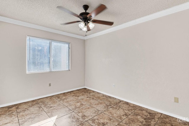 empty room with ceiling fan, ornamental molding, tile patterned flooring, and a textured ceiling