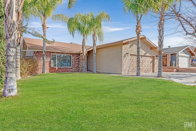 ranch-style house featuring a garage and a front yard