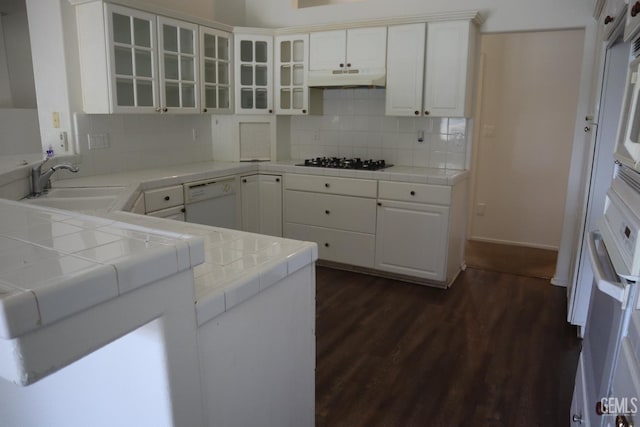 5808 Greenhorn Mountain Ct, Bakersfield, CA 93313 - kitchen with tile countertops, white dishwasher, under cabinet range hood, and black gas cooktop