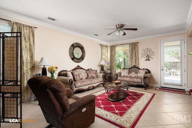 6006 Colchester Pl, Bakersfield, CA 93306 - living room featuring crown molding, light tile patterned flooring, ceiling fan, and visible vents