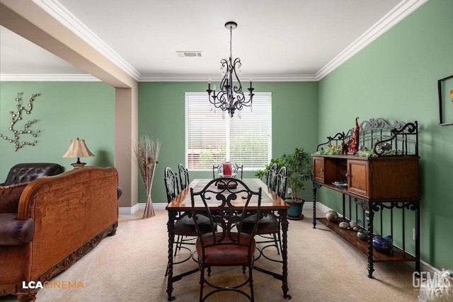 6006 Colchester Pl, Bakersfield, CA 93306 - carpeted dining space featuring crown molding, baseboards, a chandelier, and visible vents
